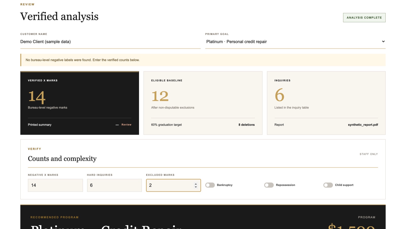 Live analysis and pricing on synthetic data